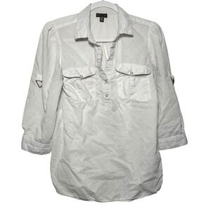 FLAW Fei Women White Linen Blend Roll Tab Sleeve Button Down Shirt‎ Size 8